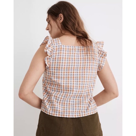 NWOT Gingham Seersucker Ruffle-Strap Button-Up Tank Top - Picture 4 of 6